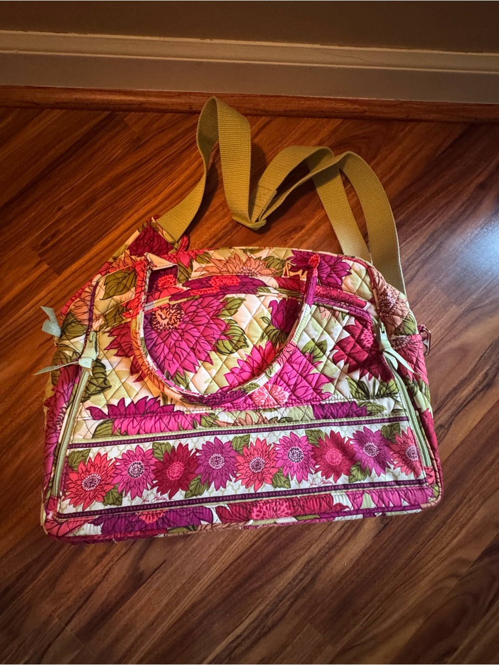 Vera Bradley Dahlia Pink Green Quilted Floral  Duffel Crossbody Strap Bag EUC